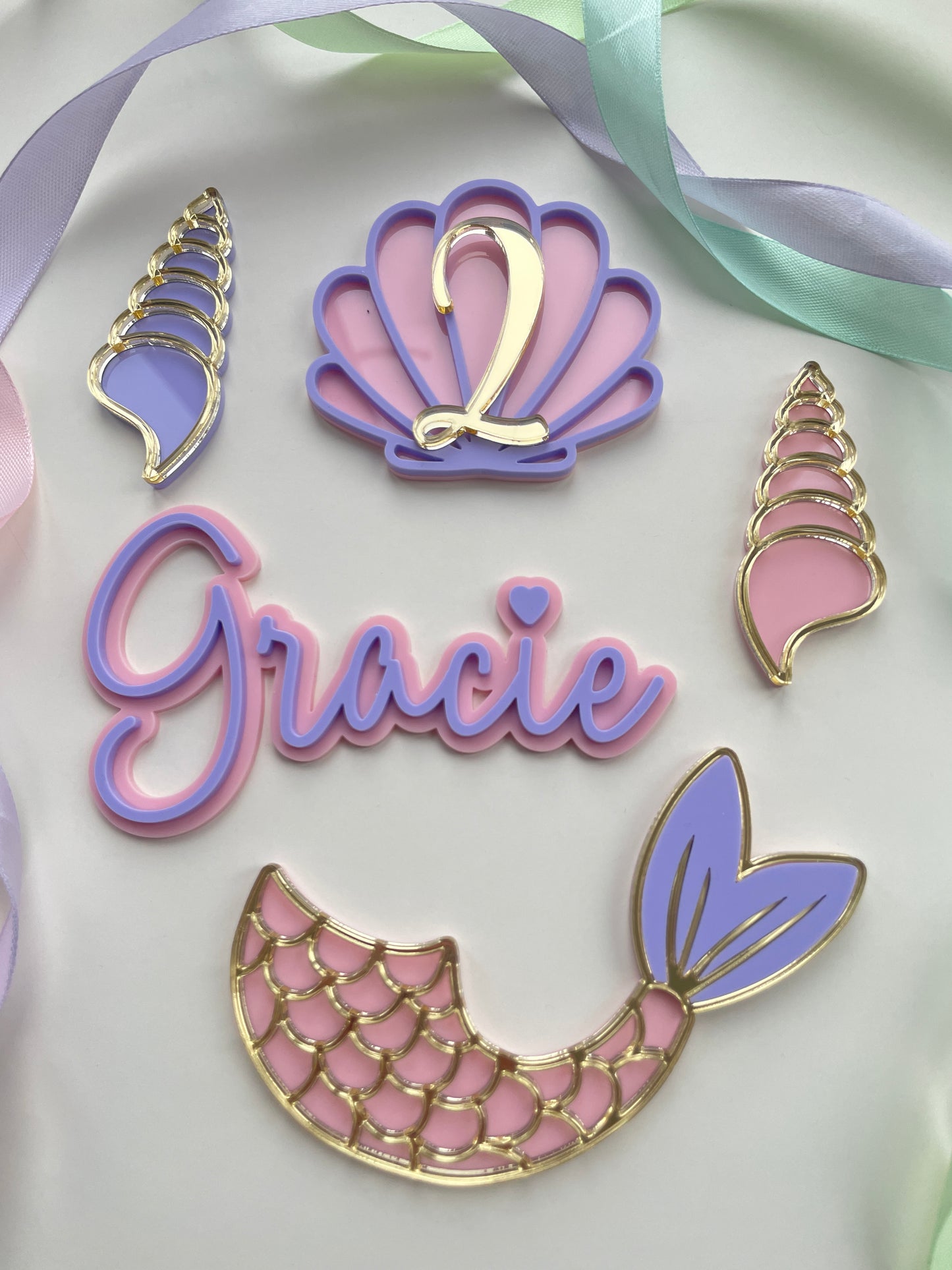 Mermaid Cake Topper Set | Pastel And Gold Acrylic Name And Age Charms