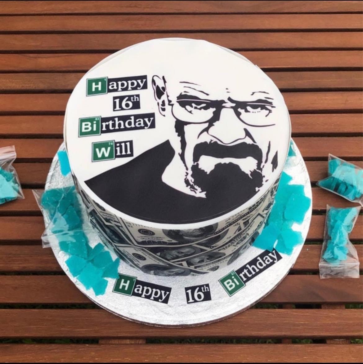 Personalised Breaking Bad style Edible Icing message. Edible Walter face. Cake decor.