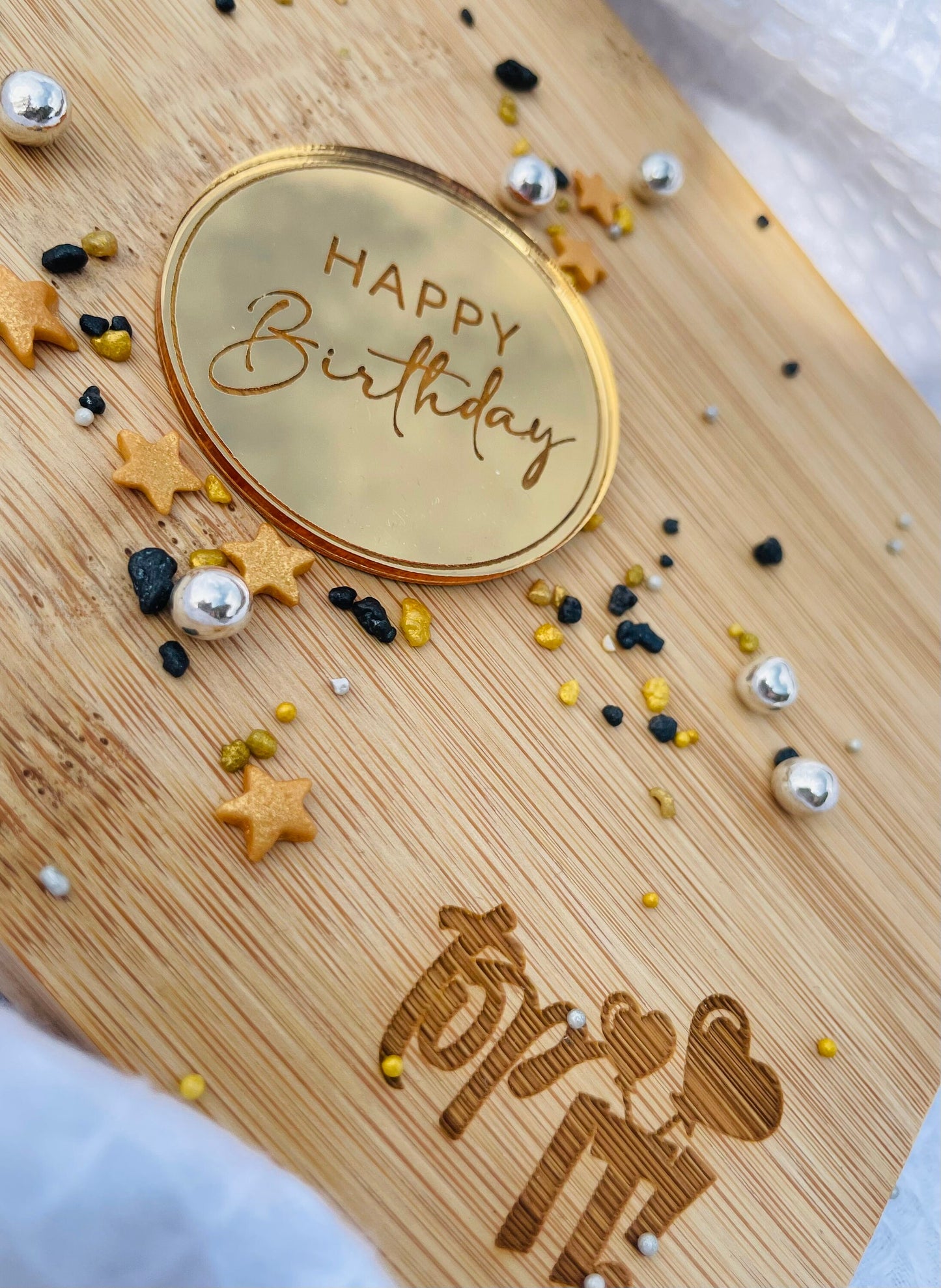 Happy Birthday Mini Disc Topper. Mirror Gold Acrylic Cake topper. Cake Charm. Cupcake Topper.
