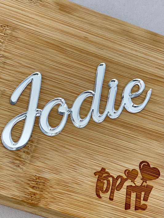 Mirrored Acrylic name charm.  Party name tag. Table Name placement. Wedding favour. Sheet cake charm.