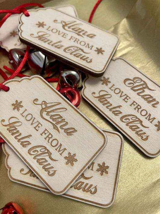 Personalised Christmas tags from Santa Claus. Traditional Wooden tag.
