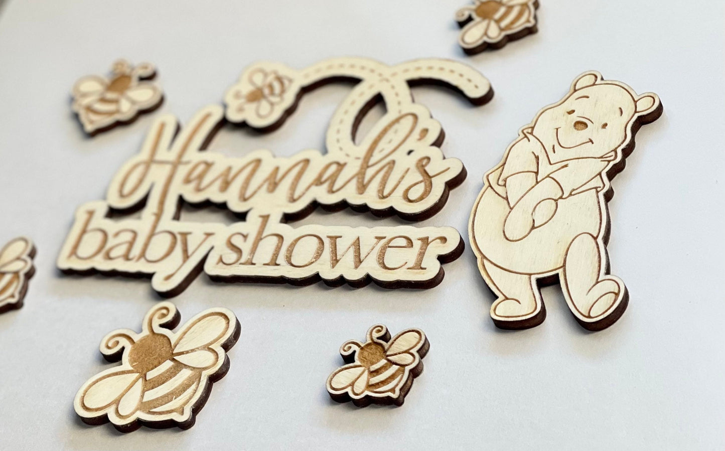 Wooden Winnie the Pooh Bear themed cake topper/charm set. Personalise with name /birthday / christening / baby shower. topper set.
