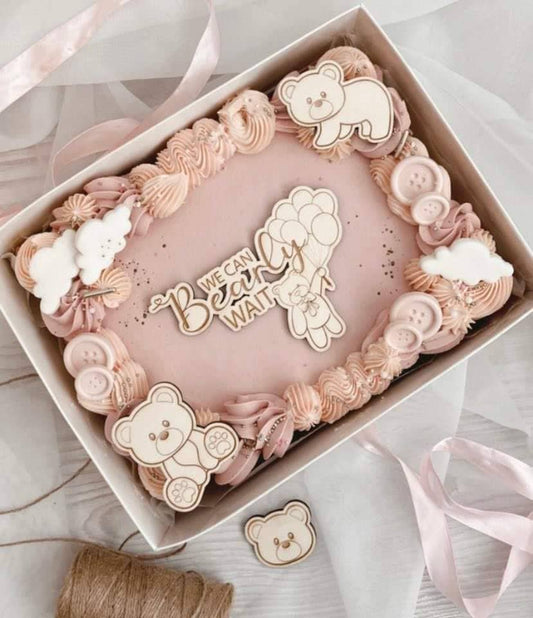We can bearly wait cake topper. Wooden baby shower cake topper. Cake sheet topper set. Bear theme toppers. Wooden bear decoration.