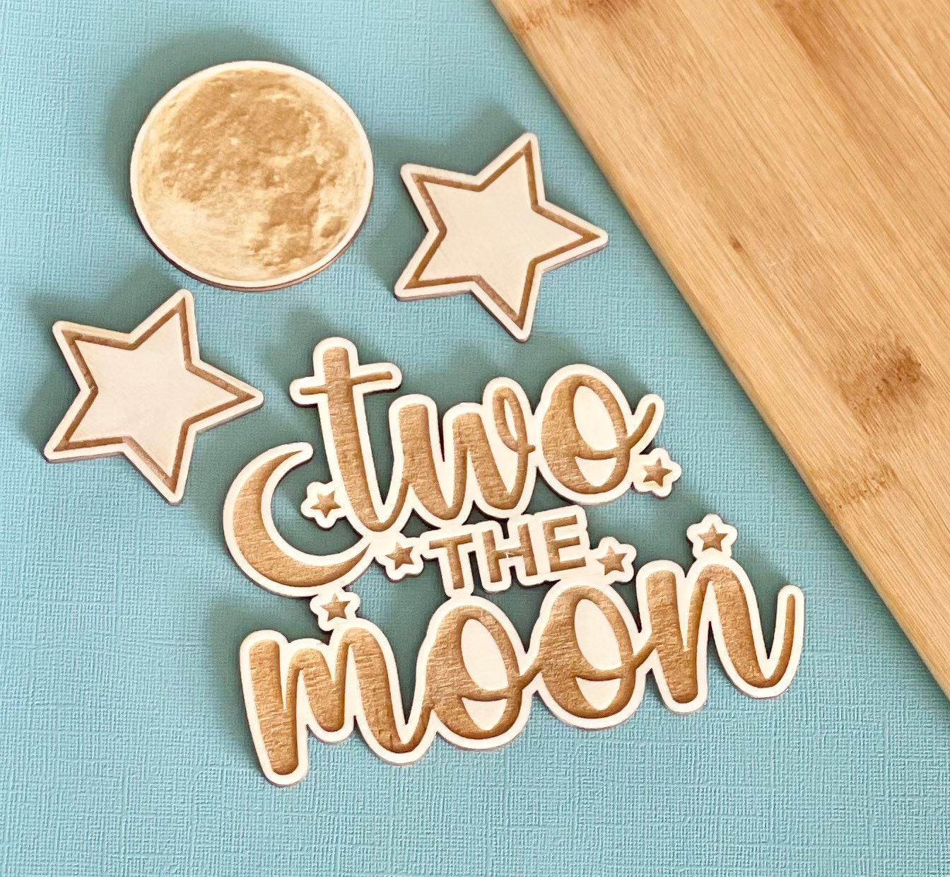 Two The Moon cake topper charm set.  Moon charm. Star charm. Wooden cakes topper set.