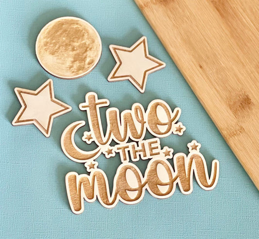 Two The Moon cake topper charm set.  Moon charm. Star charm. Wooden cakes topper set.