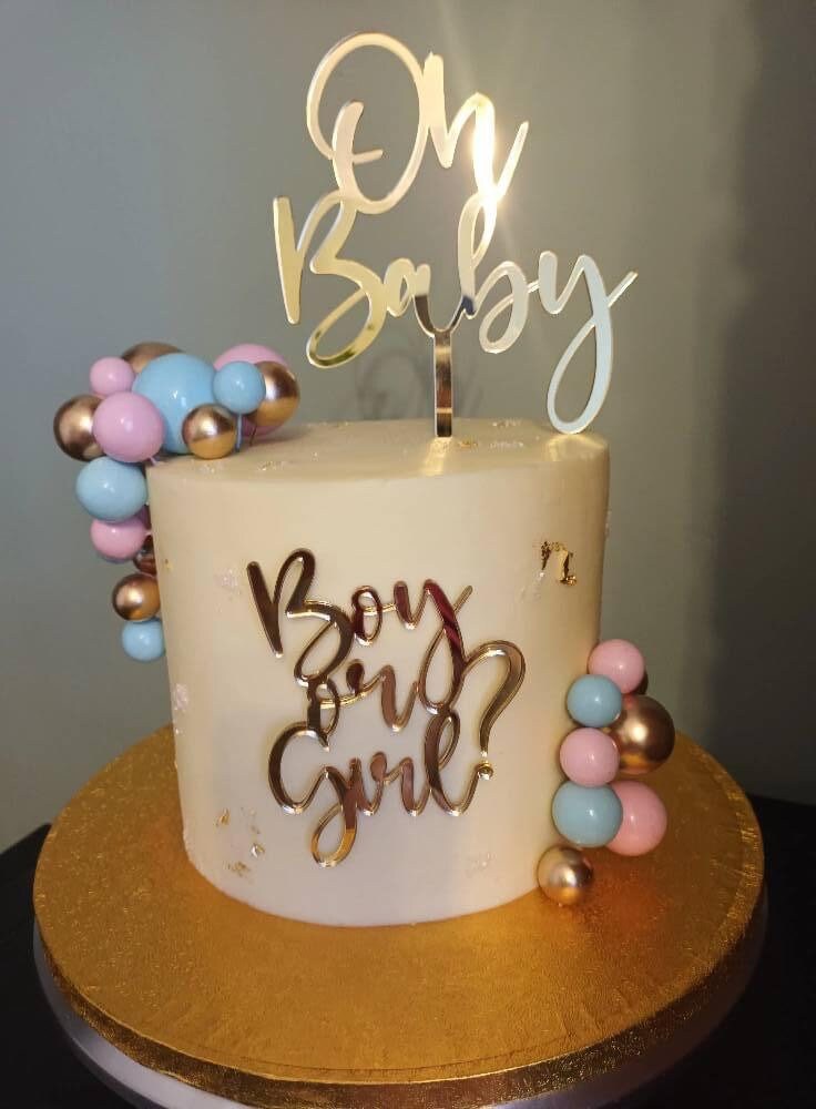 Oh baby acrylic cake topper. Mirror gold acrylic. Silver mirror acrylic. More colours available. Pastel oh baby topper.