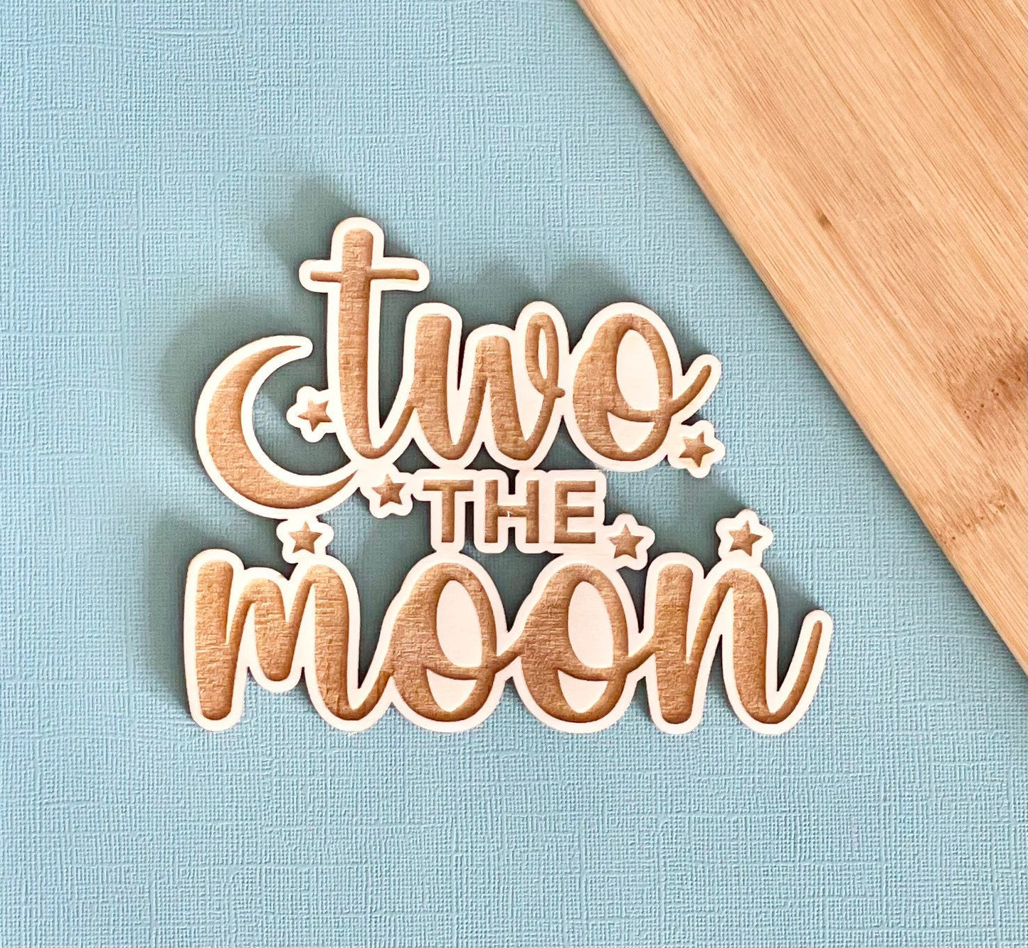 Two The Moon cake topper charm set.  Moon charm. Star charm. Wooden cakes topper set.