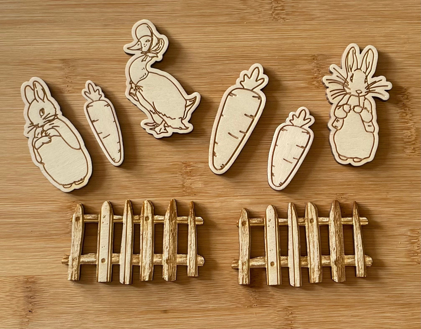 Wooden rabbit cake topper set. Wooden fence. Carrot toppers. Wooden duck.