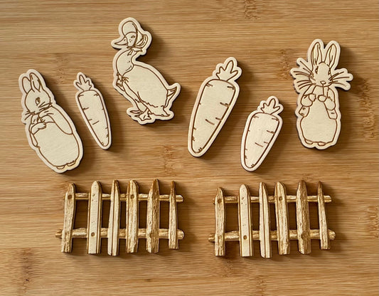 Wooden rabbit cake topper set. Wooden fence. Carrot toppers. Wooden duck.