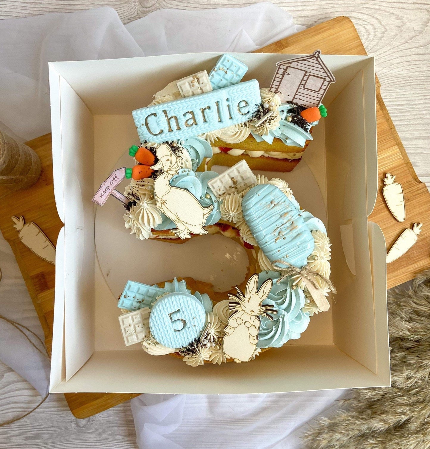 Wooden rabbit cake topper set. Wooden fence. Carrot toppers. Wooden duck.