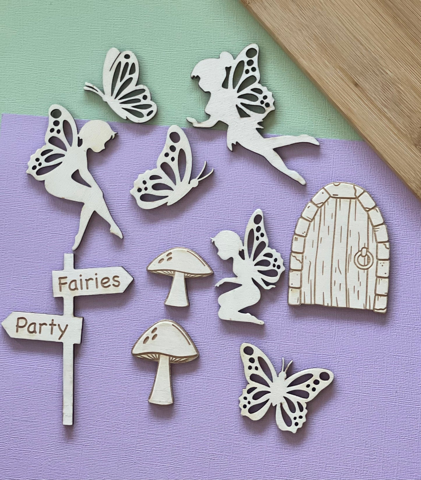 Wooden fairy door and garden set. Butterfly garden topper set. Also available in mirror gold, silver, rose gold. More colours available.