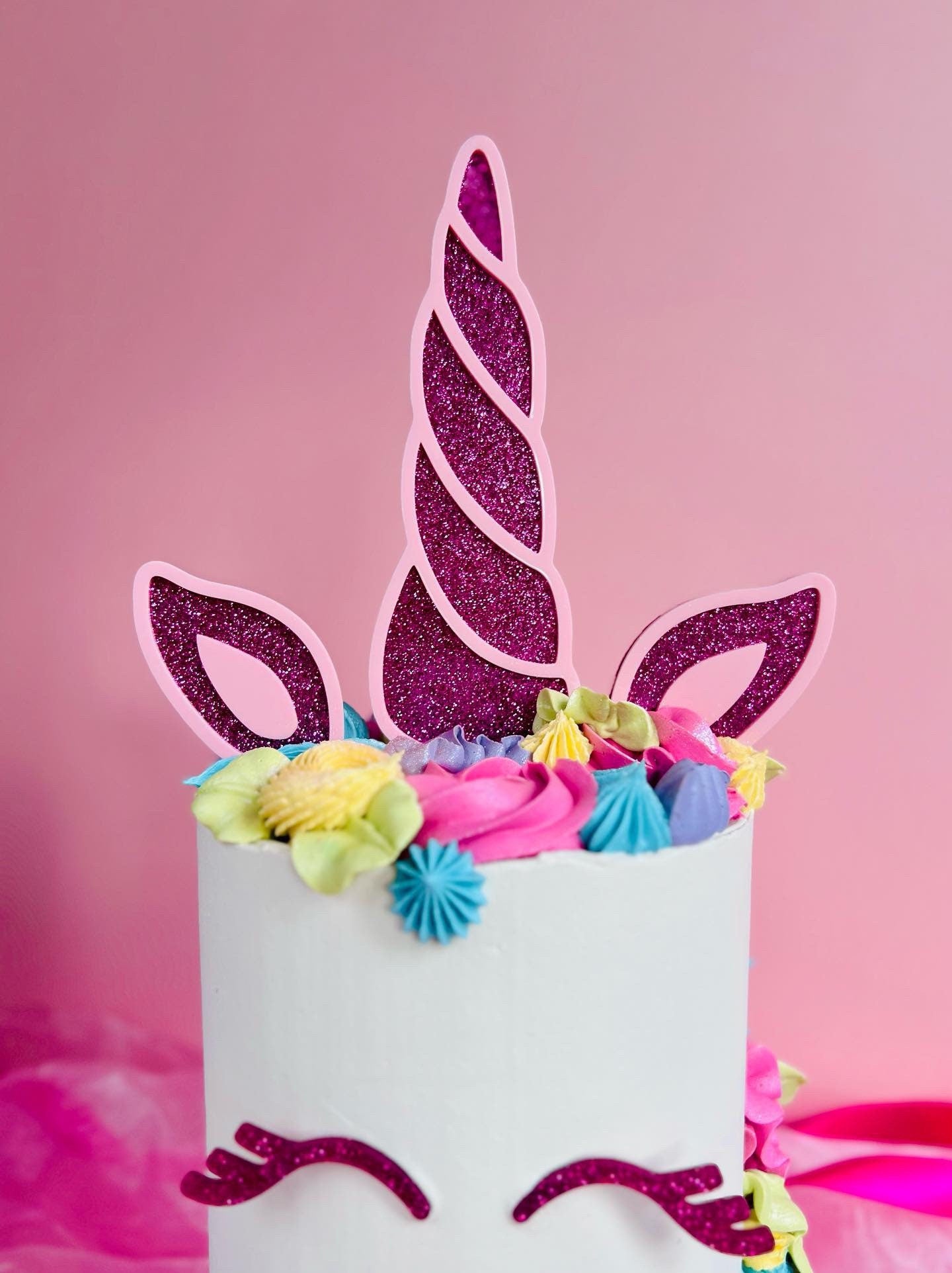 Unicorn cake topper set. Acrylic Unicorn horn ears and eye topper.