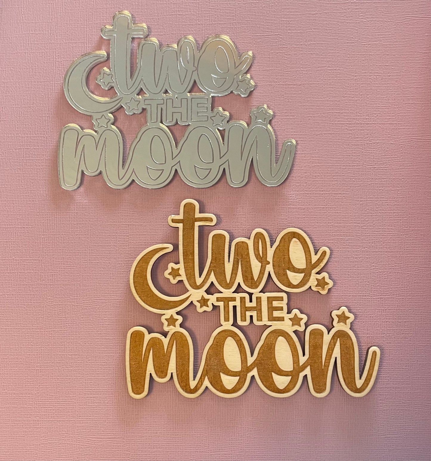 Two The Moon cake topper charm set.  Moon charm. Star charm. Wooden cakes topper set.