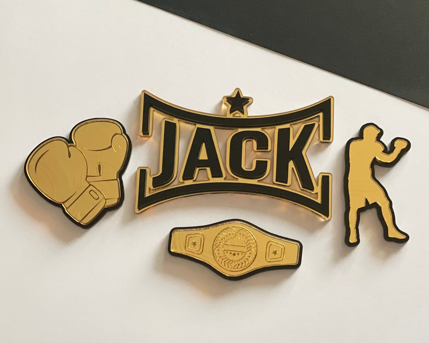 gold acrylic Boxing cake topper set. Mini charms. Black and gold. Boxing mini toppers. Boxing name charm.