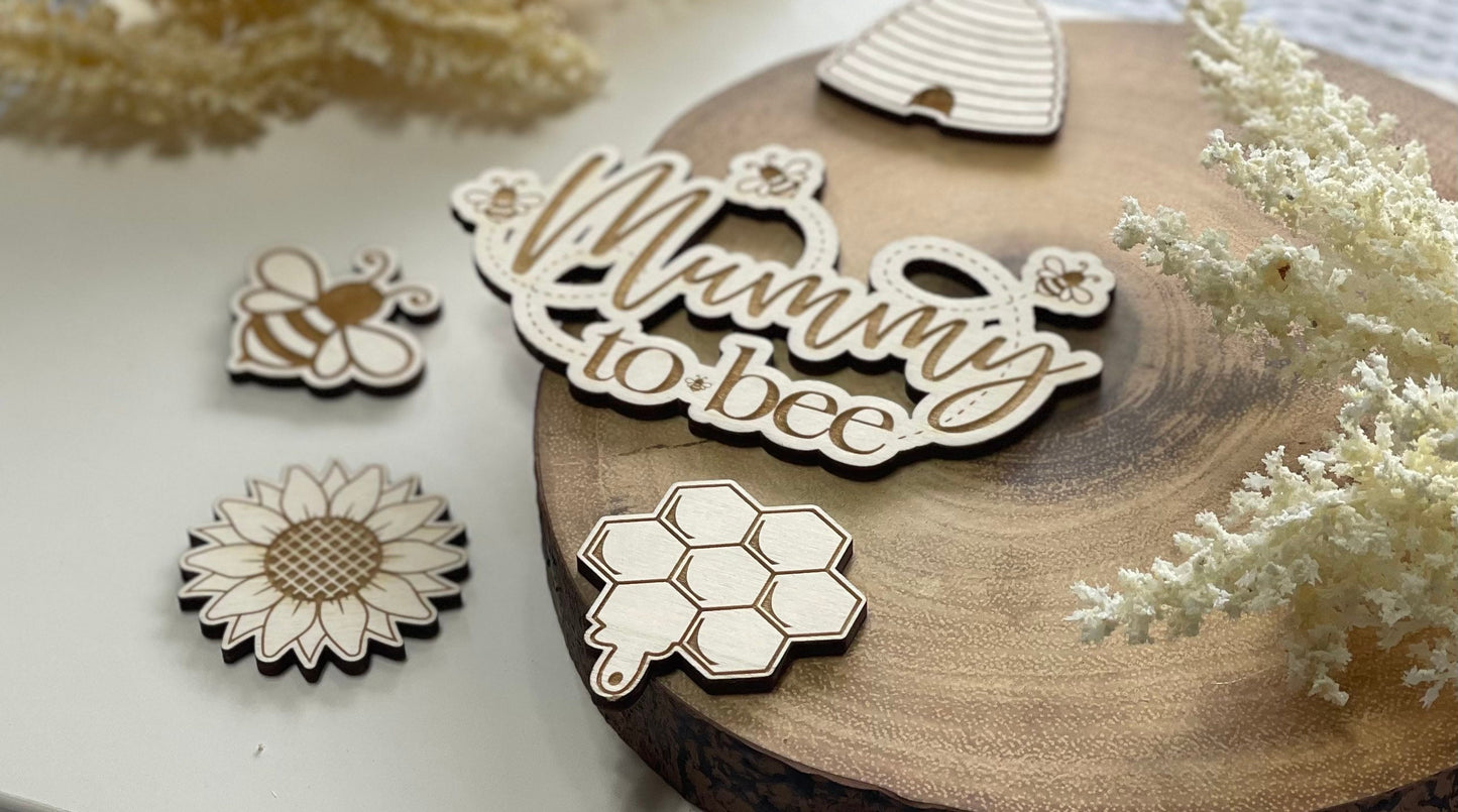 Mummy to bee cake topper. Mummy to be. Bee and sunflower themed cake charm set. Wooden Bee set.