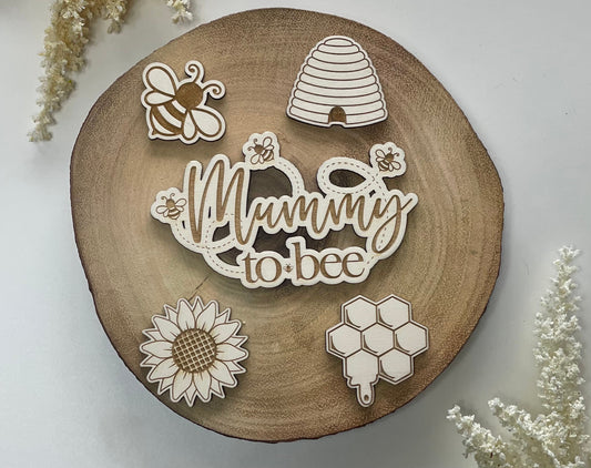 Mummy to bee cake topper. Mummy to be. Bee and sunflower themed cake charm set. Wooden Bee set.