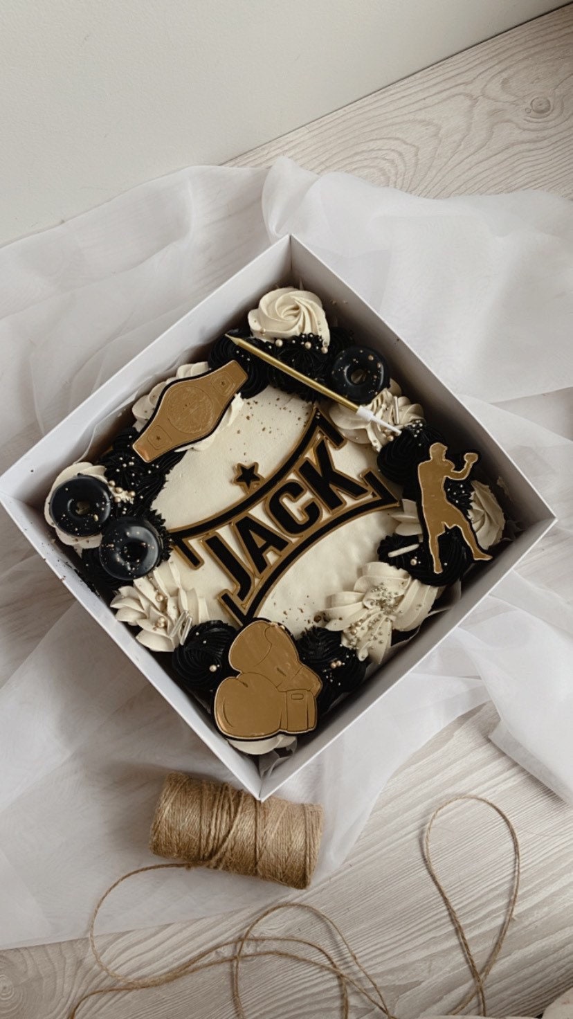 gold acrylic Boxing cake topper set. Mini charms. Black and gold. Boxing mini toppers. Boxing name charm.