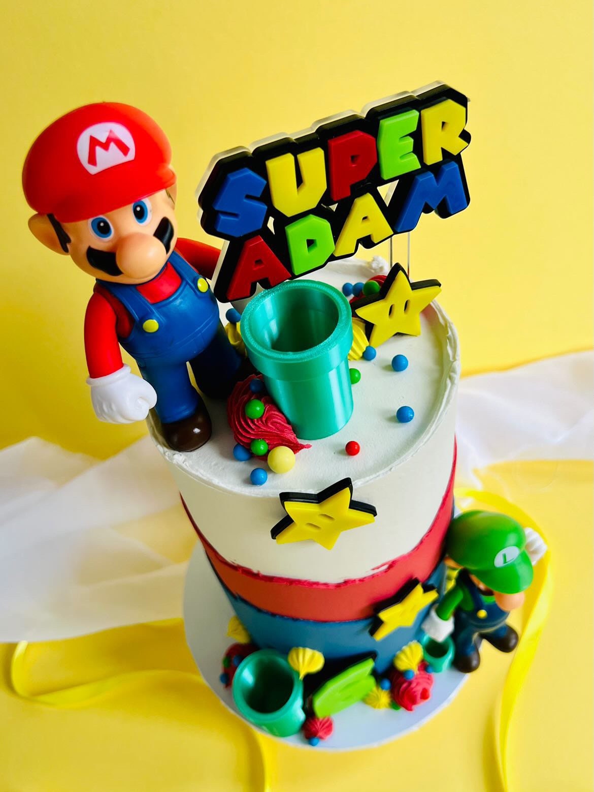Super Acrylic name and age charm.  3d green pipes. Acrylic topper and star set.