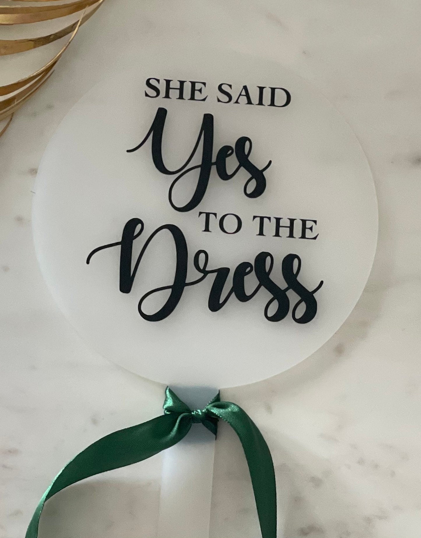 Yes to the dress sign / paddle. Bridal shop sign. Wedding dress sign. Black and white wedding. Monochrome.