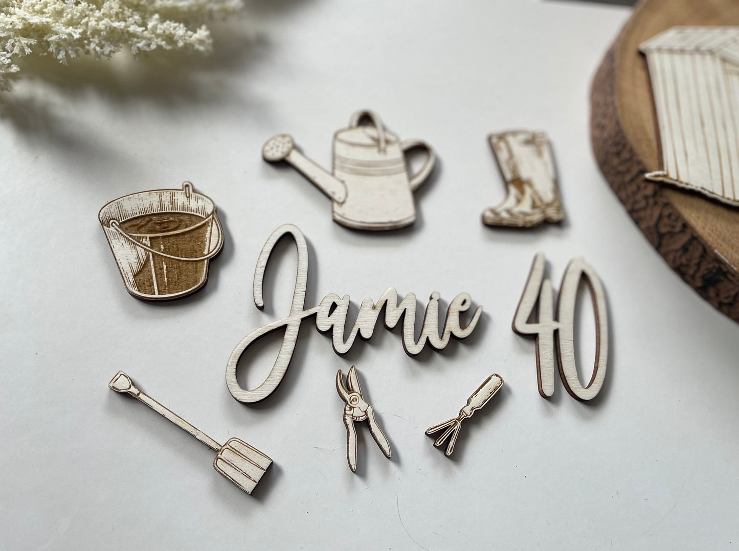 Gardening Theme With Shed & Tools Personalised | Wooden Cake Charm / Topper