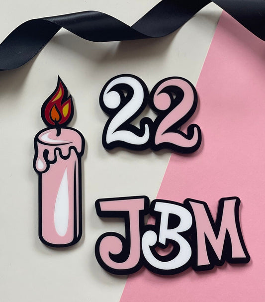 Cartoon / comic acrylic initial name age and candle set.