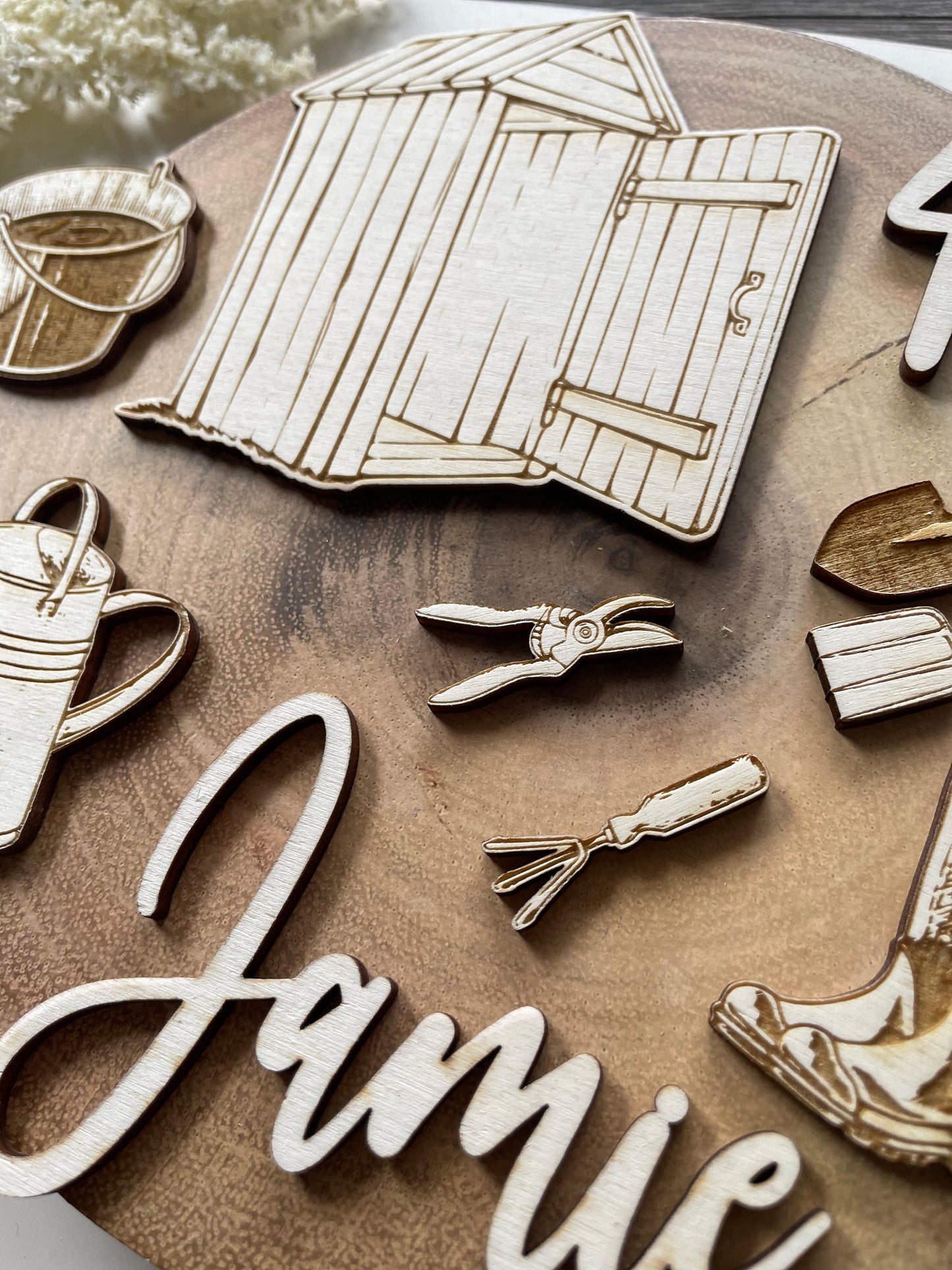 Gardening Theme With Shed & Tools Personalised | Wooden Cake Charm / Topper
