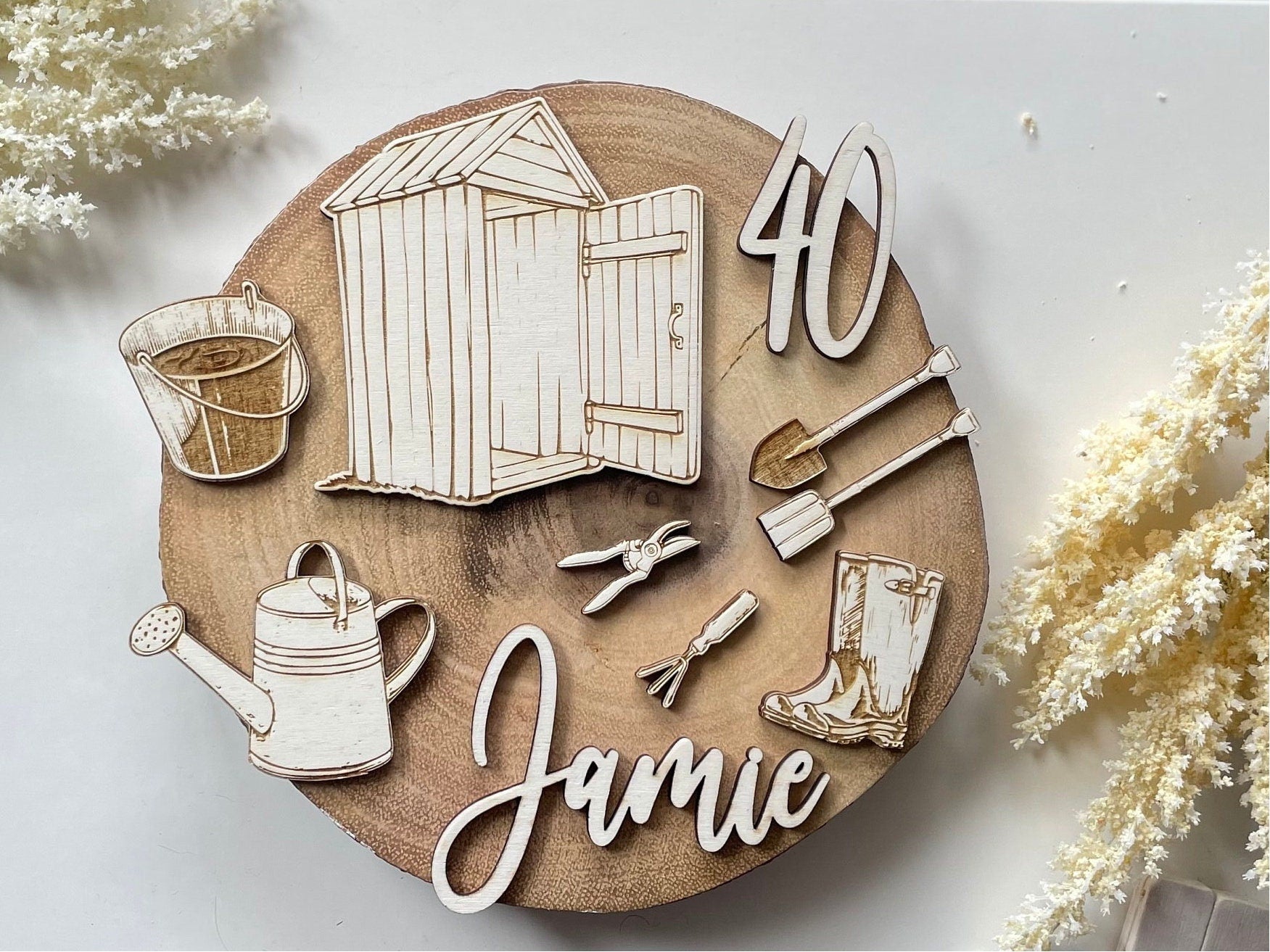 garden theme name age shed and tools gardening wooden charm toppper