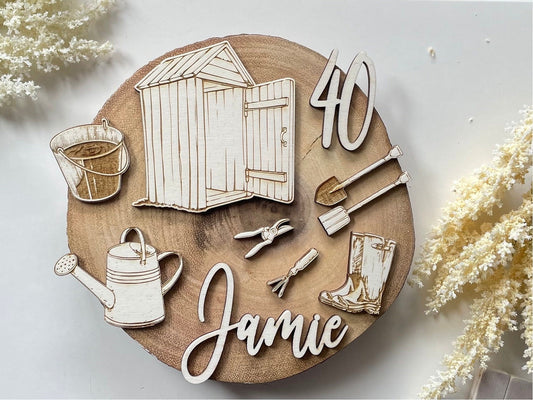 garden theme name age shed and tools gardening wooden charm toppper