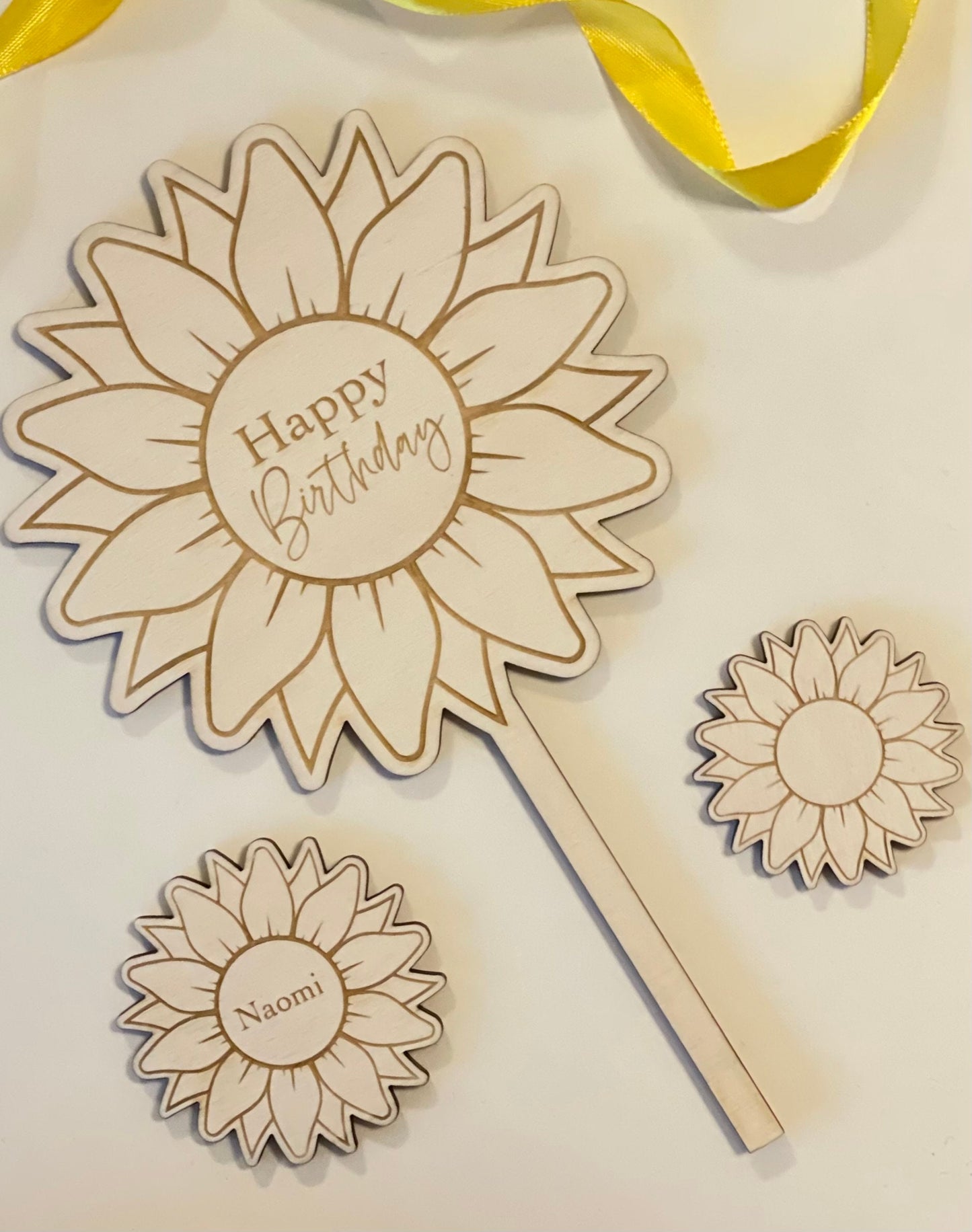 Sunflower happy birthday topper. Wooden cake topper.