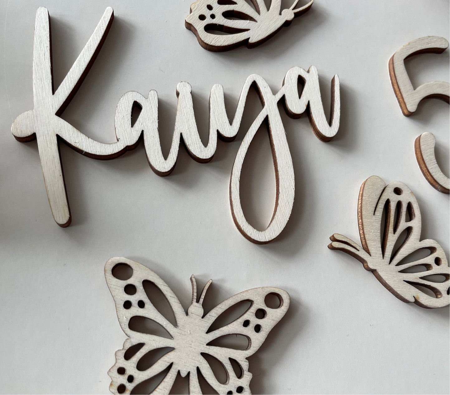 Butterfly cake charm set. Wooden name and age charm.