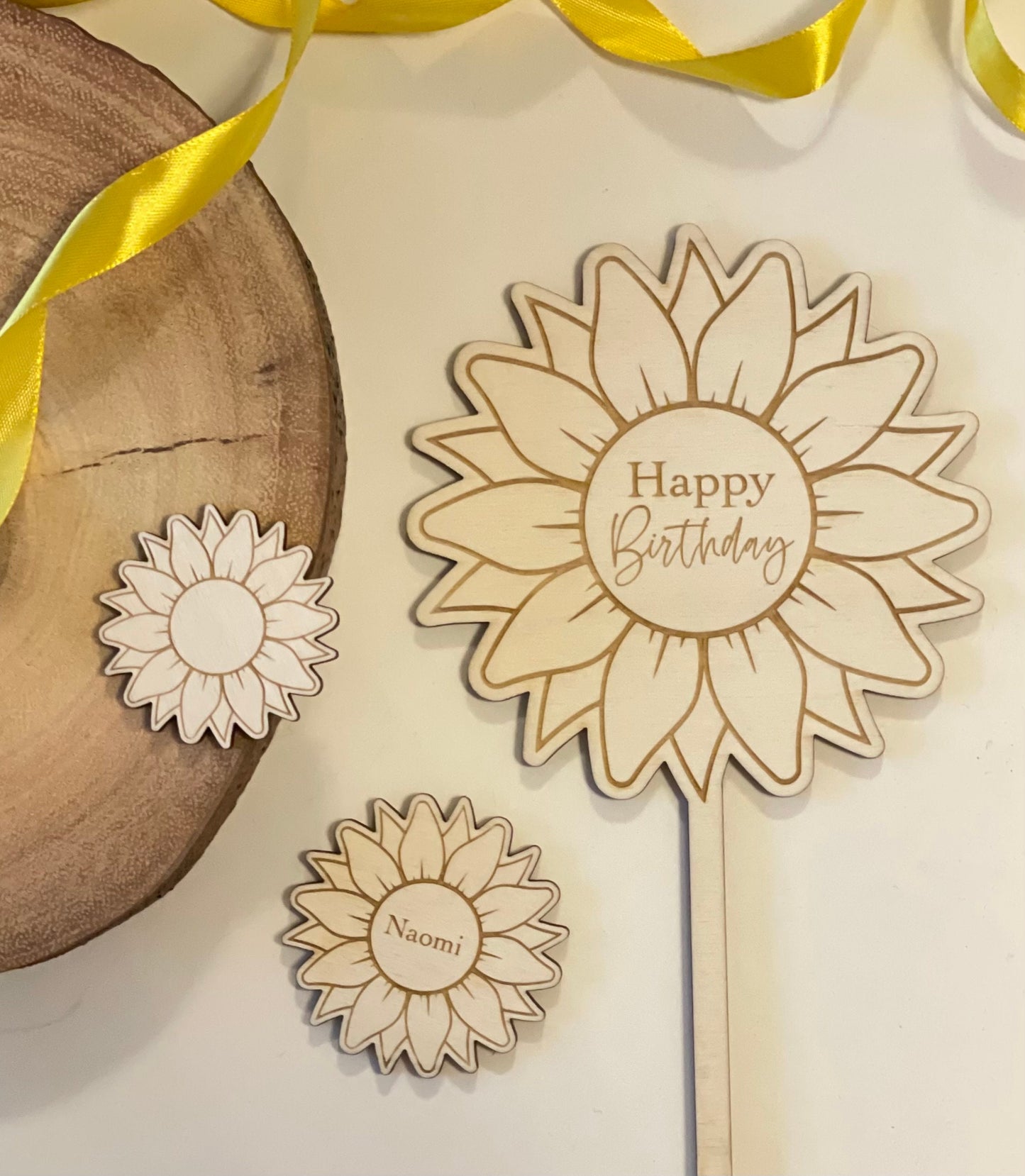 Sunflower happy birthday topper. Wooden cake topper.