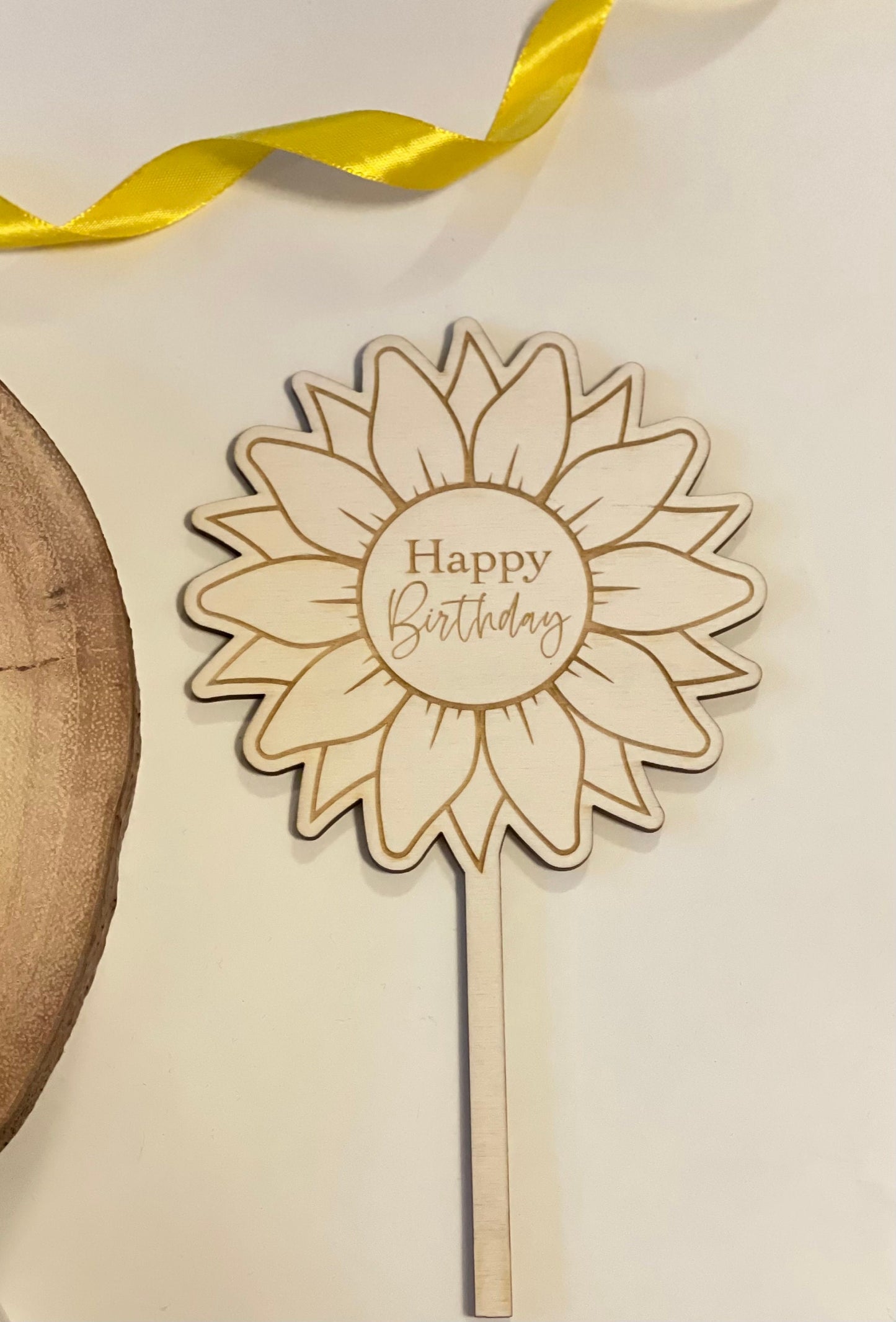 Sunflower happy birthday topper. Wooden cake topper.