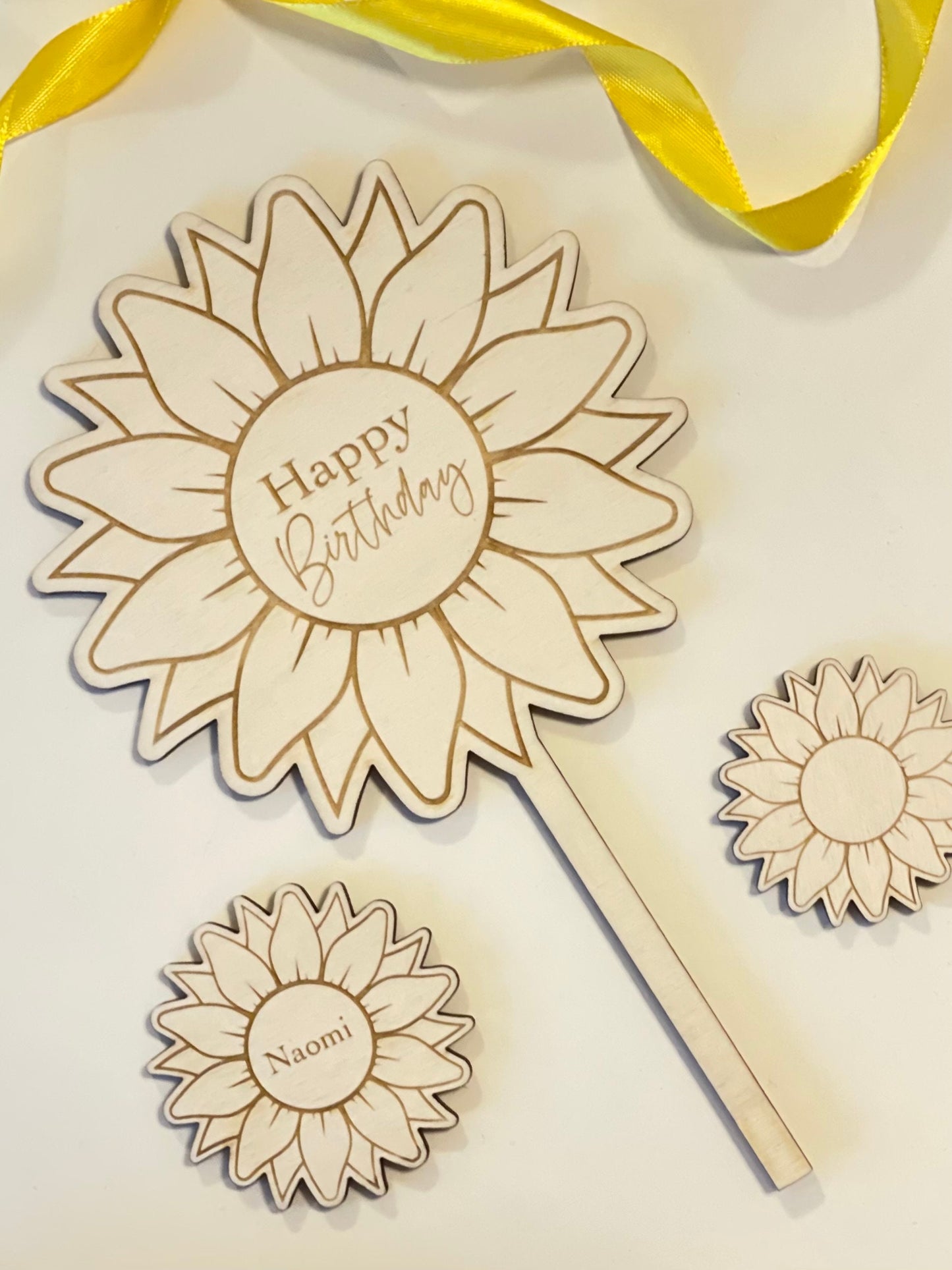 Sunflower happy birthday topper. Wooden cake topper.