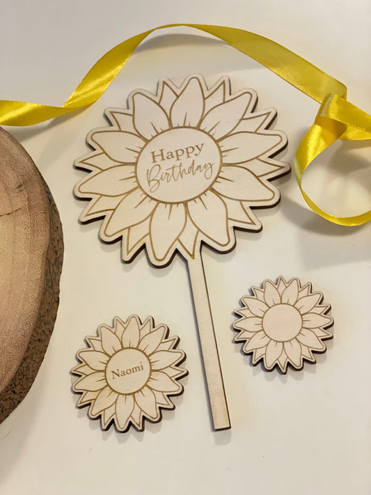 Sunflower happy birthday topper. Wooden cake topper.