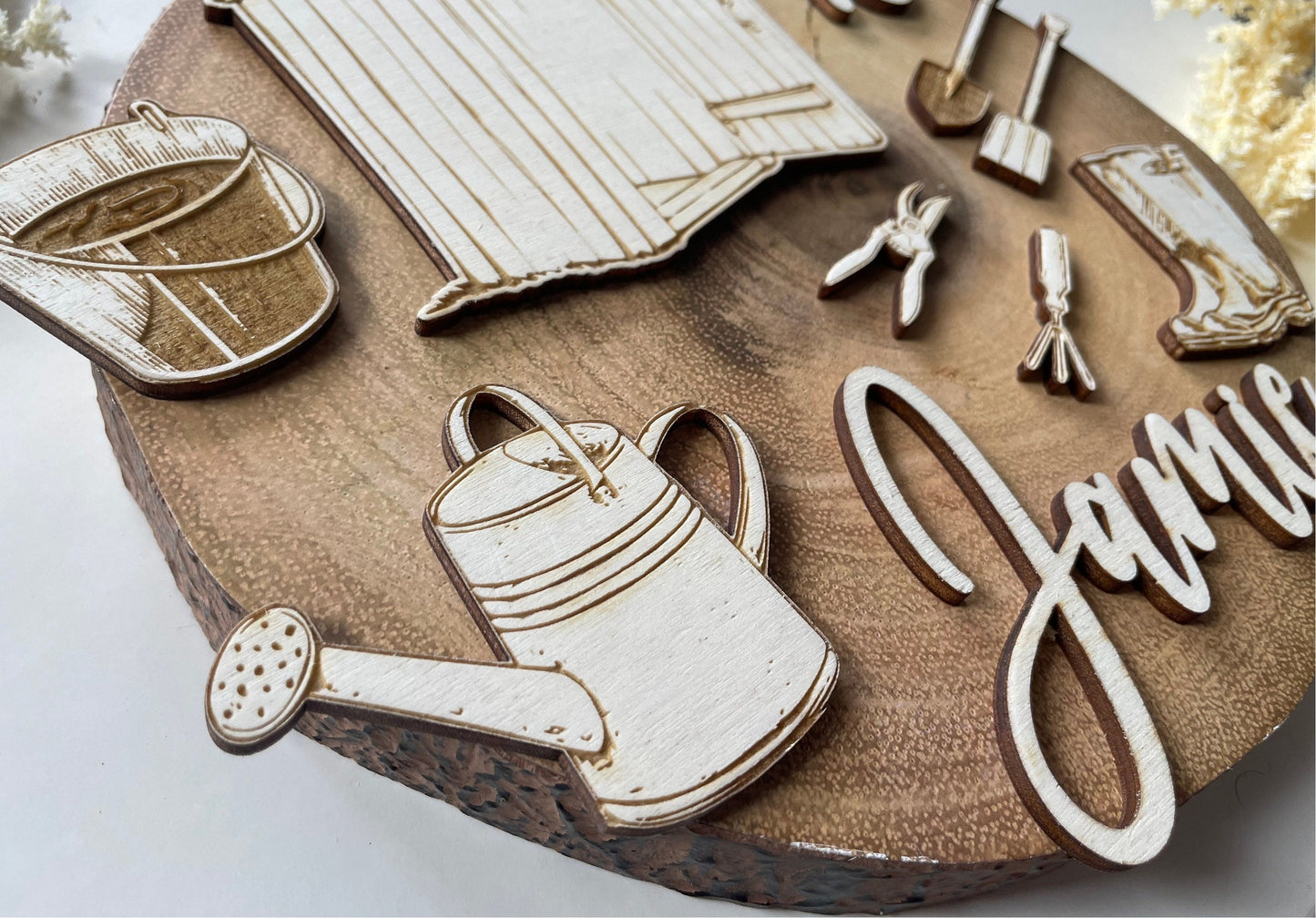 Gardening Theme With Shed & Tools Personalised | Wooden Cake Charm / Topper