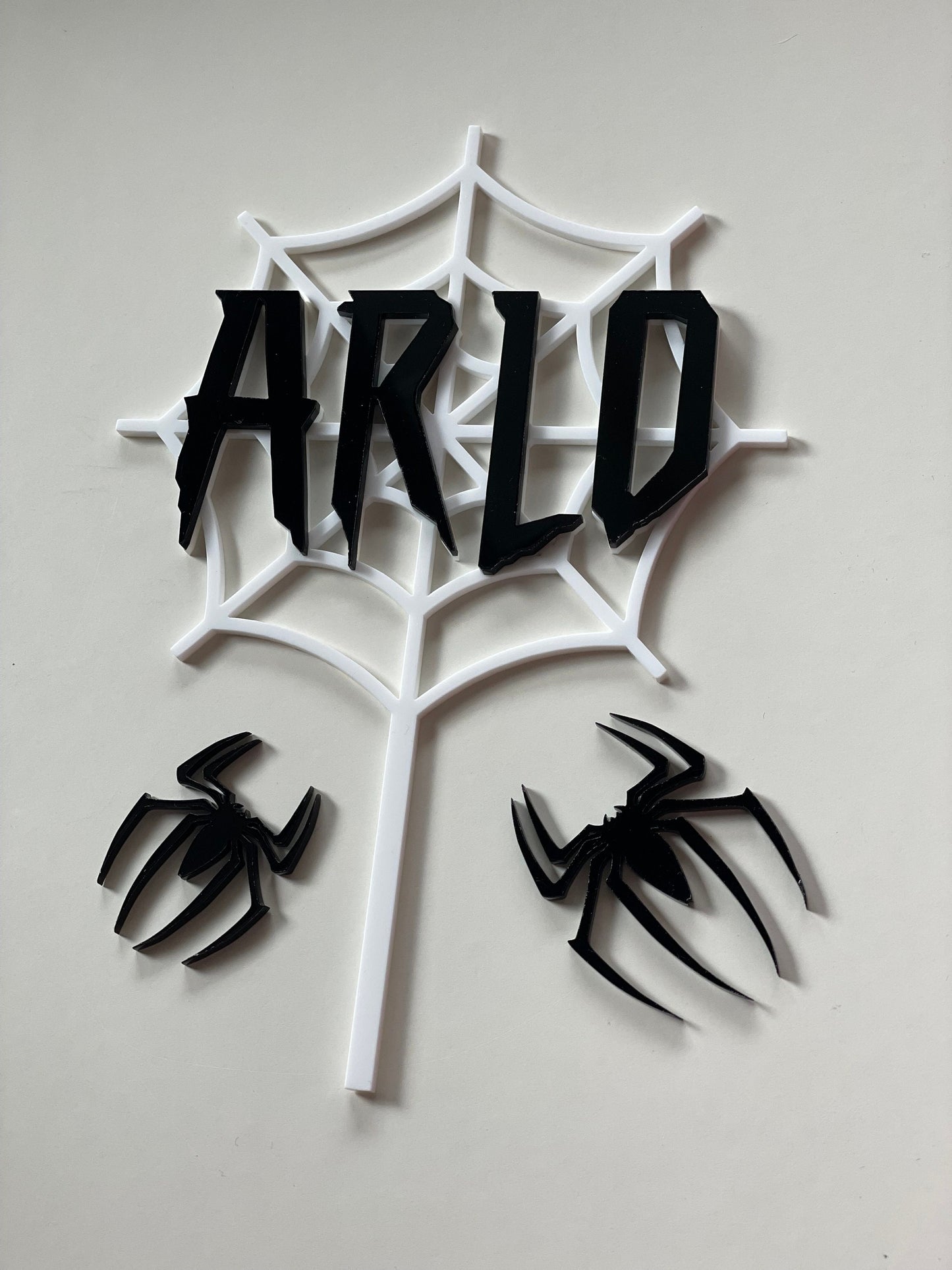 Spider web and spider topper set. Acrylic. Perfect for a spider man fan. Black and white acrylic cake topper set