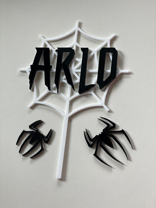 Spider web and spider topper set. Acrylic. Perfect for a spider man fan. Black and white acrylic cake topper set