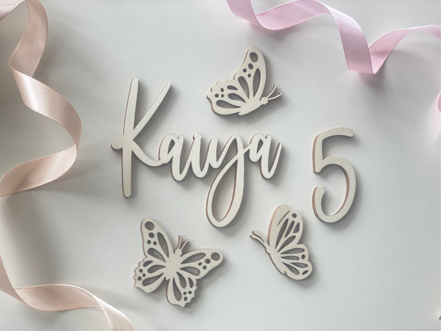 Butterfly cake charm set. Wooden name and age charm.