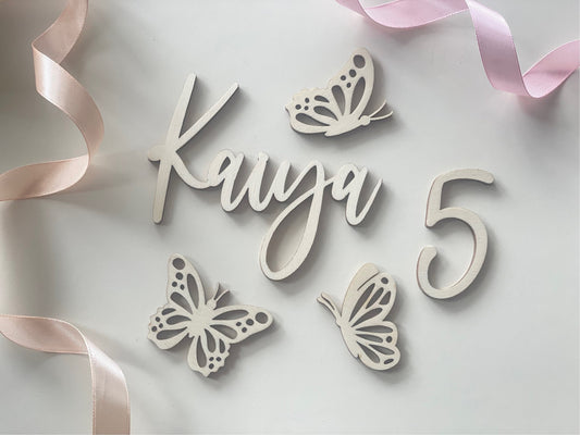 Butterfly cake charm set. Wooden name and age charm.