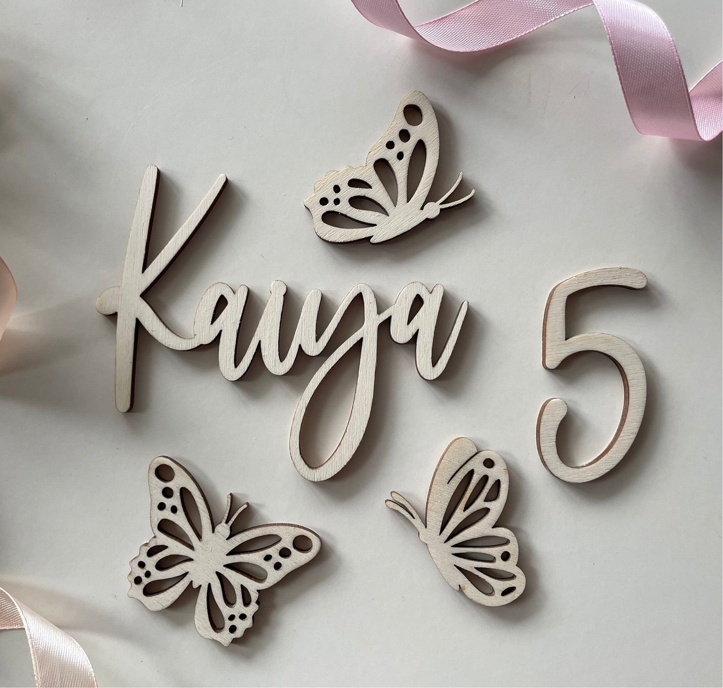 Butterfly cake charm set. Wooden name and age charm.