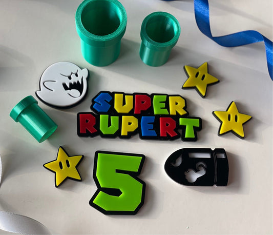 Super Acrylic name and age charm.  3d green pipes. Acrylic topper and star set.