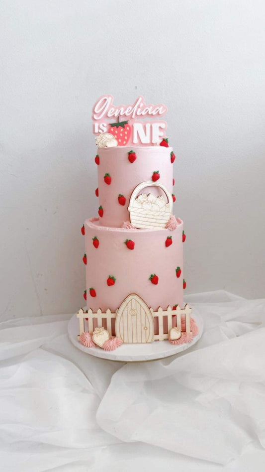 Wooden strawberry garden cake topper set. Berry Sweet.