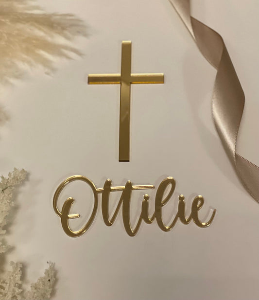 Christening / baptism Cake topper set. Gold acrylic cross. Gold acrylic name. Acrylic topper toppers. Tray sheet cross and name charm.