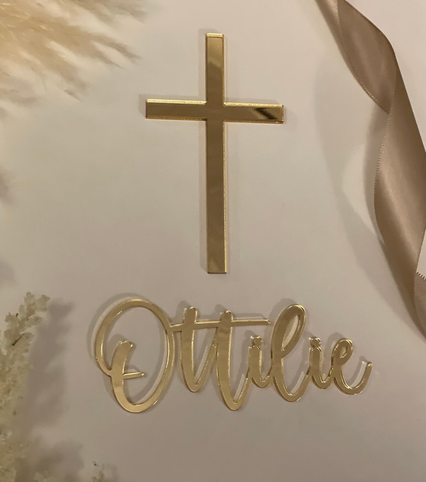 Christening / baptism Cake topper set. Gold acrylic cross. Gold acrylic name. Acrylic topper toppers. Tray sheet cross and name charm.