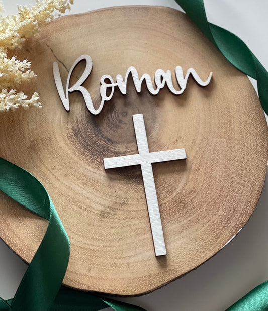 Wood Christening / baptism Cake topper set. Tray sheet cross and name charm.