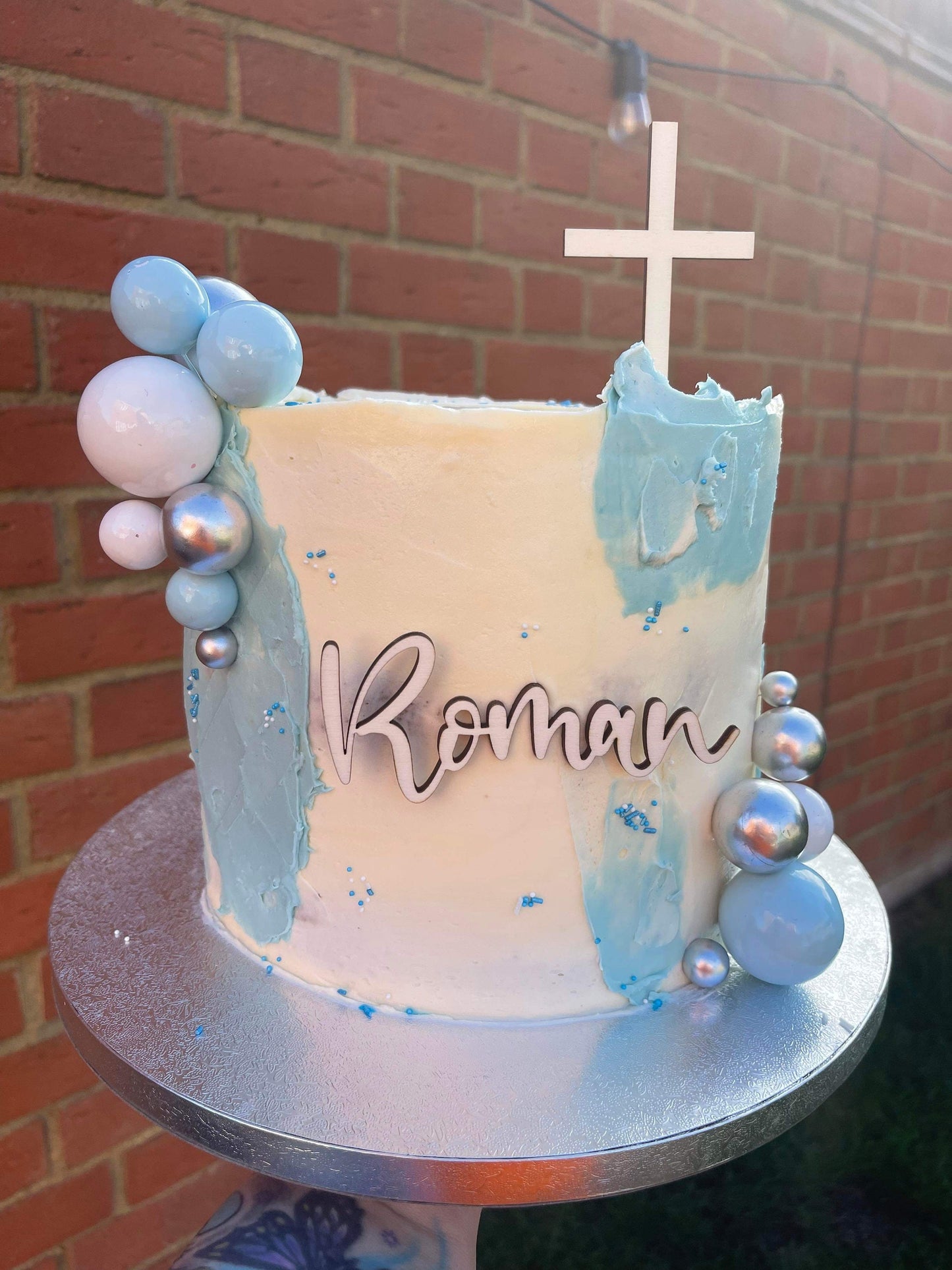 Wood Christening / baptism Cake topper set. Tray sheet cross and name charm.