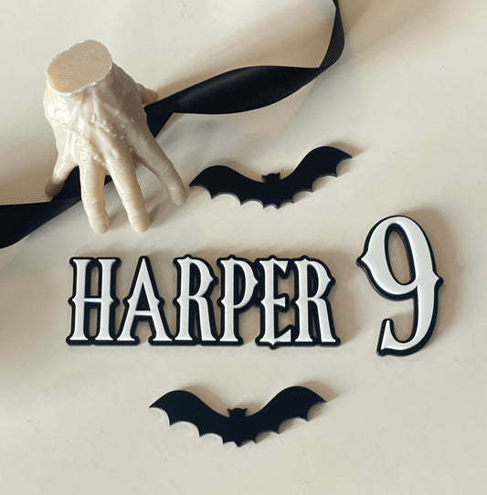wednesday theme halloween acrylic topper set with bats and 3d thing