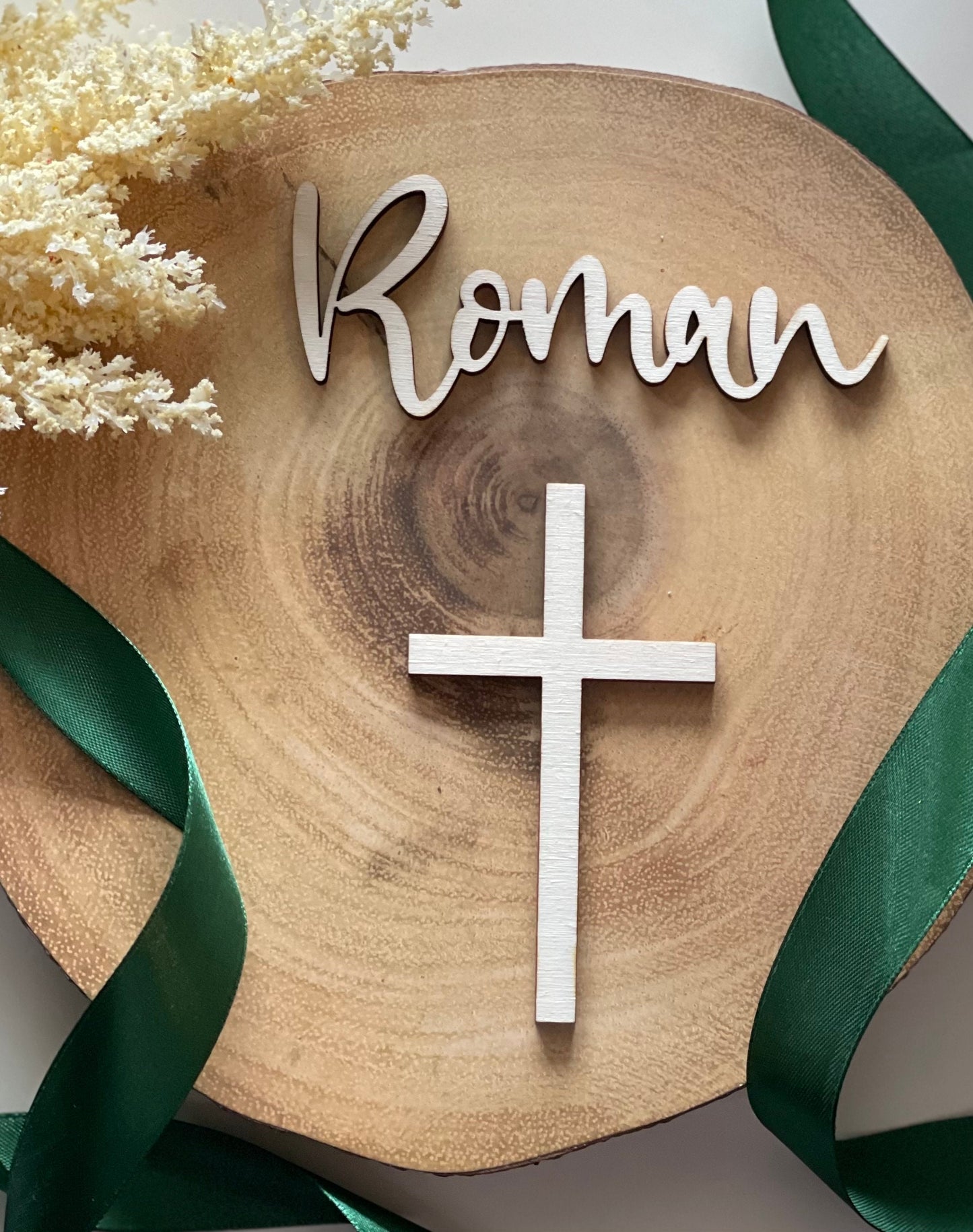 Wood Christening / baptism Cake topper set. Tray sheet cross and name charm.