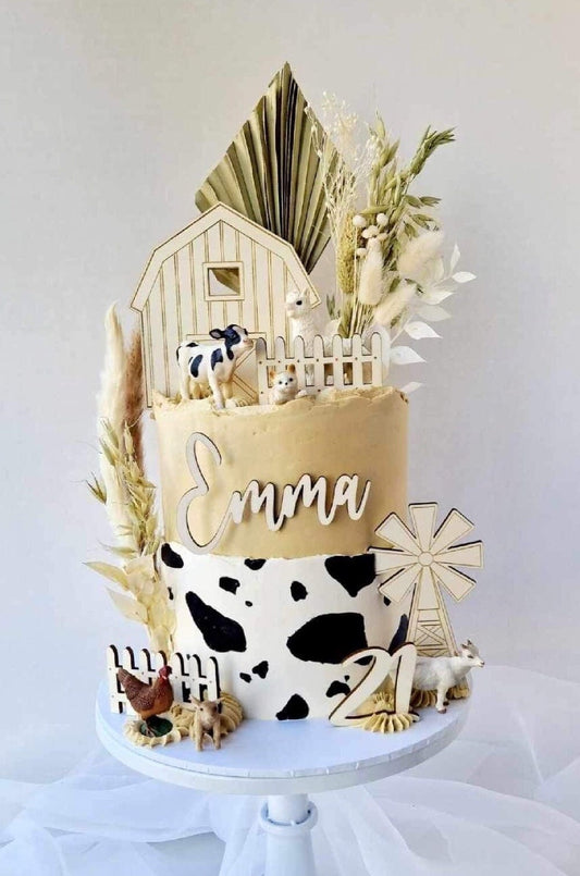 Wooden farm animal cake topper set. Name and age charms.