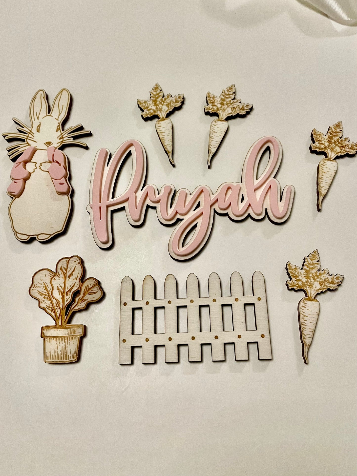 Wooden Rabbit garden theme topper set. Blue or pink.